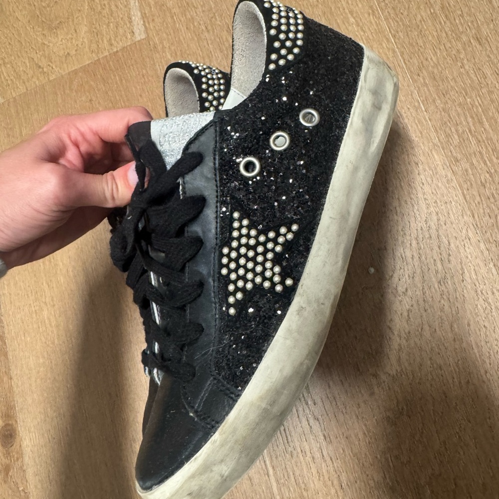 37 Golden Goose Black Glitter Star & Stud Sneakers- Neiman Marcus Exclusive